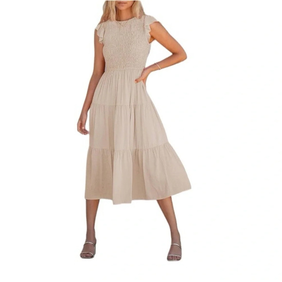 NWT ZESICA Women's Flutter Short Sleeve Smocked Midi Summer Tiered A Line Dress - Picture 2 of 10